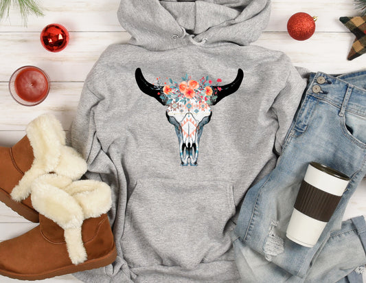 Floral Cow Skull Hoodie