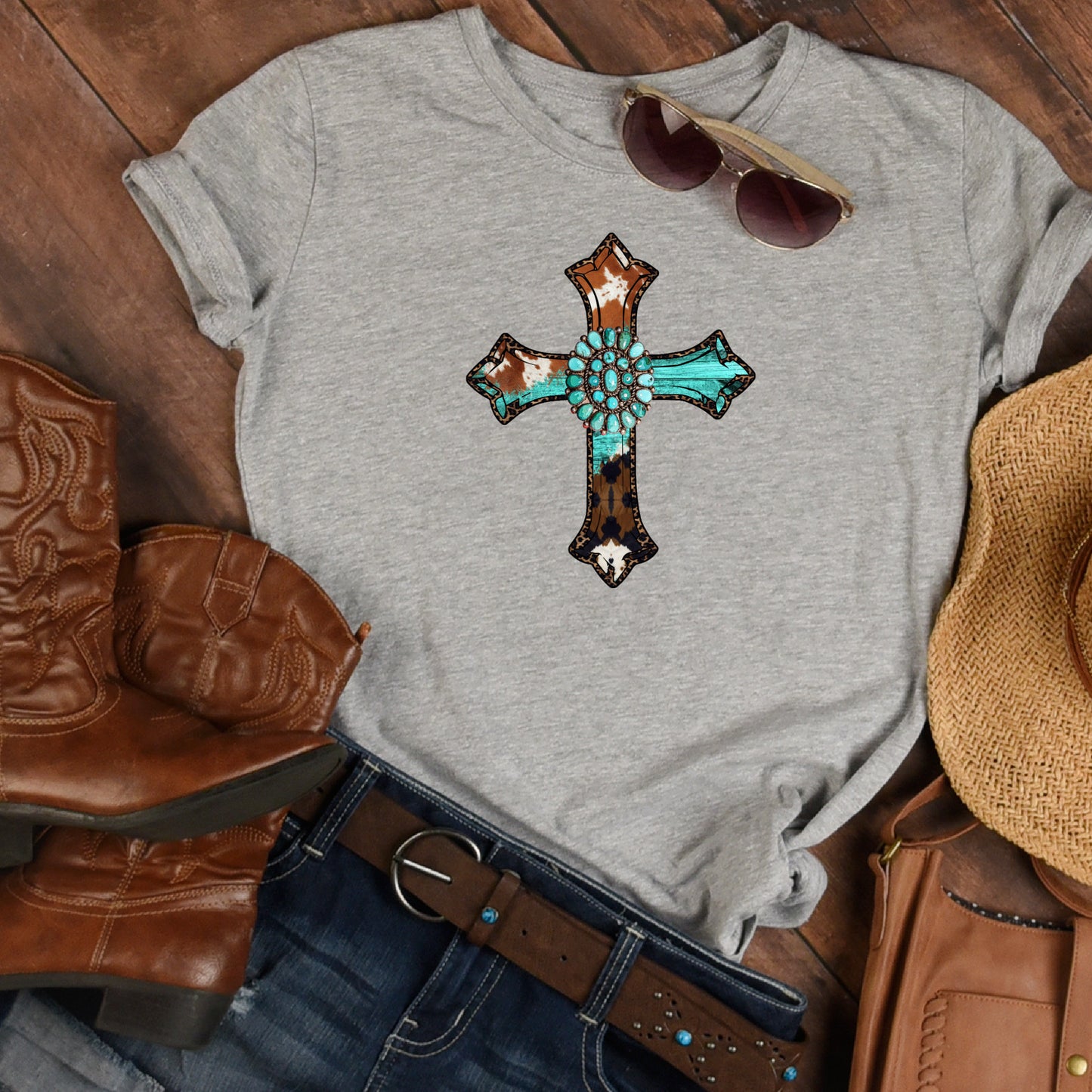 Turquoise Cross Cowhide T-Shirt