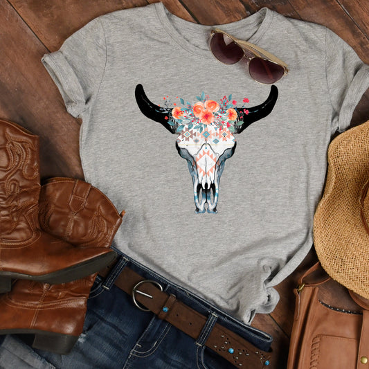 Cow Skull Aztec Flower T-Shirt