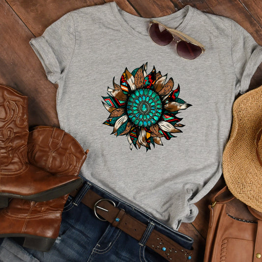 Western Turquoise Leather Sunflower T-Shirt